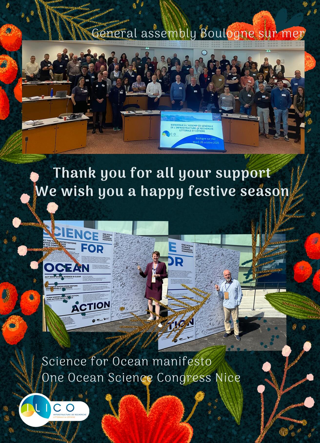 Season's greetings message from ILICO to the wider community including group photo of 2025 general assembly and signing of the Science for Ocean manifesto in Nice during the One ocean science congress 